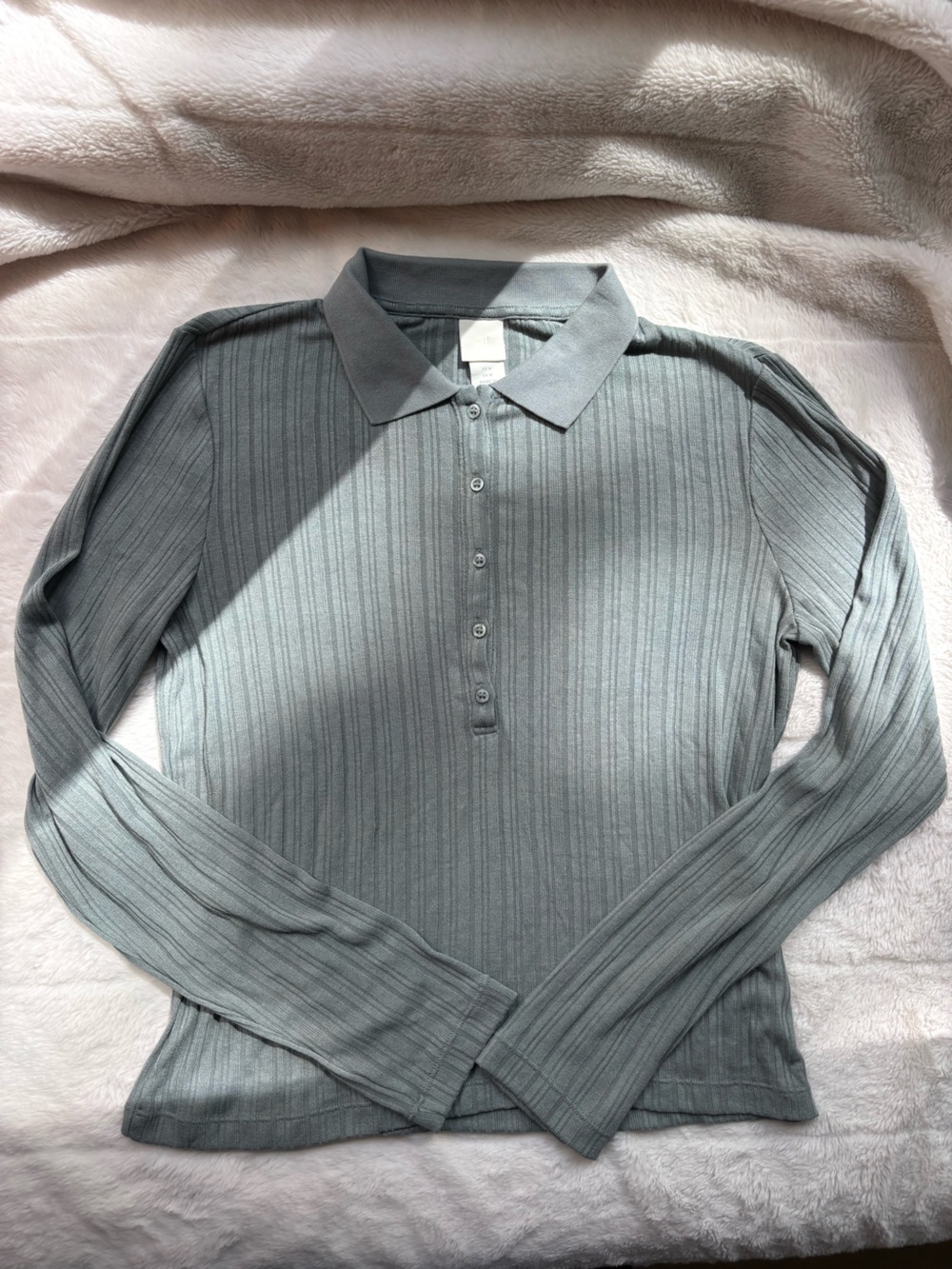 H&M Long Sleeve Ribbed Polo Top in Sage Green